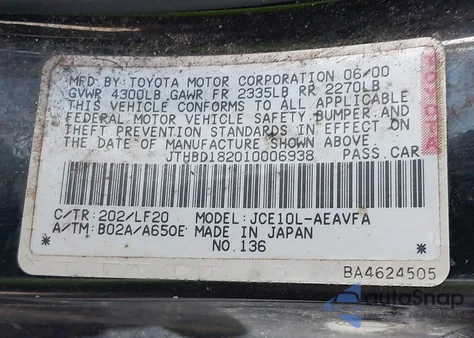 2001 Lexus Is 300 from USA, damaged, VIN JTHBD182010006938